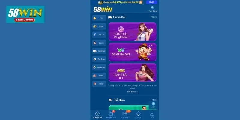 Sảnh chơi game bài 58WIN thu hút đông đảo cược thủ tham gia cá cược. 