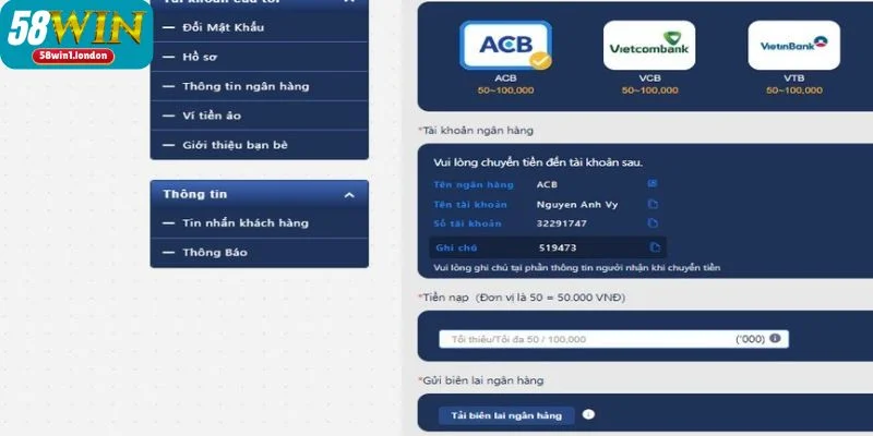 Các bước nạp tiền 58WIN bằng ví điện tử siêu dễ dàng.