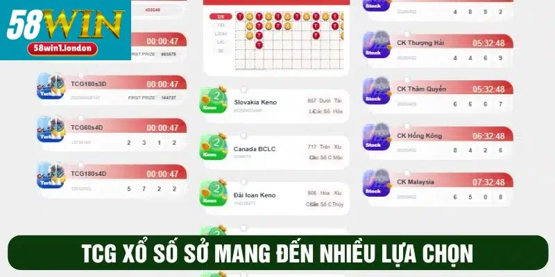 Có nhiều loại hình xổ số TCG 58WIN cho người chơi tham khảo.